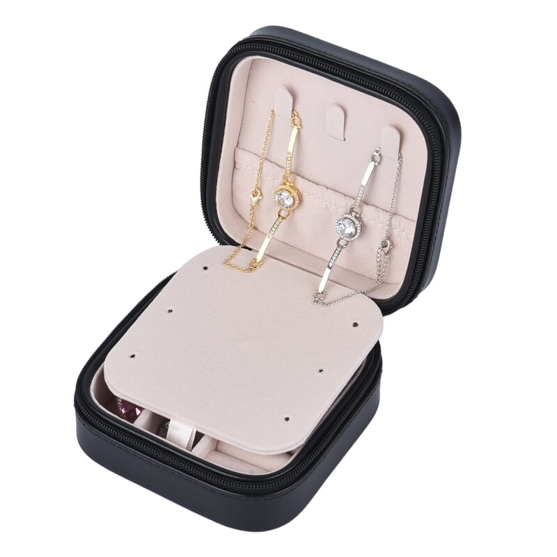 Black Faux Leather Jewelry Box with Zipper and Scratch Protection Interior (Hold up to 6 Rings, Earrings)