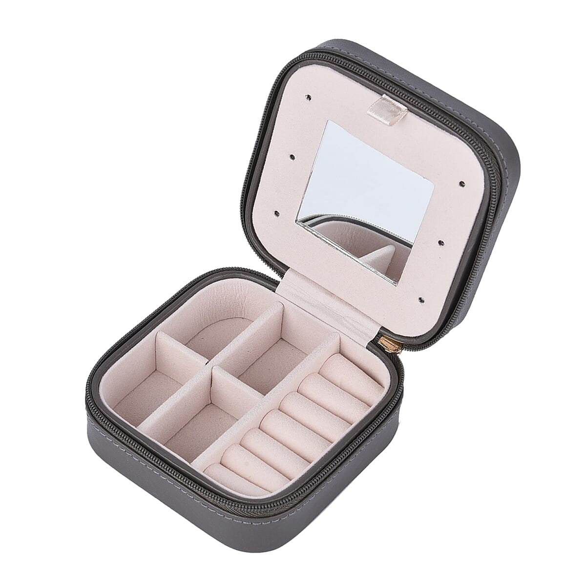 Grey Faux Leather Jewelry Box with Zipper and Scratch Protection Interior (Hold up to 6 Rings, Earrings) image number 3