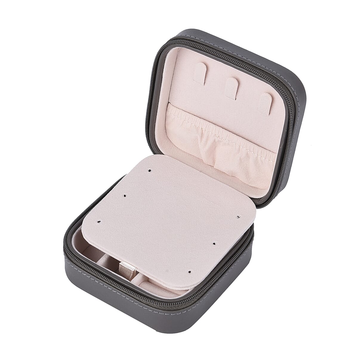 Grey Faux Leather Jewelry Box with Zipper and Scratch Protection Interior (Hold up to 6 Rings, Earrings) image number 4