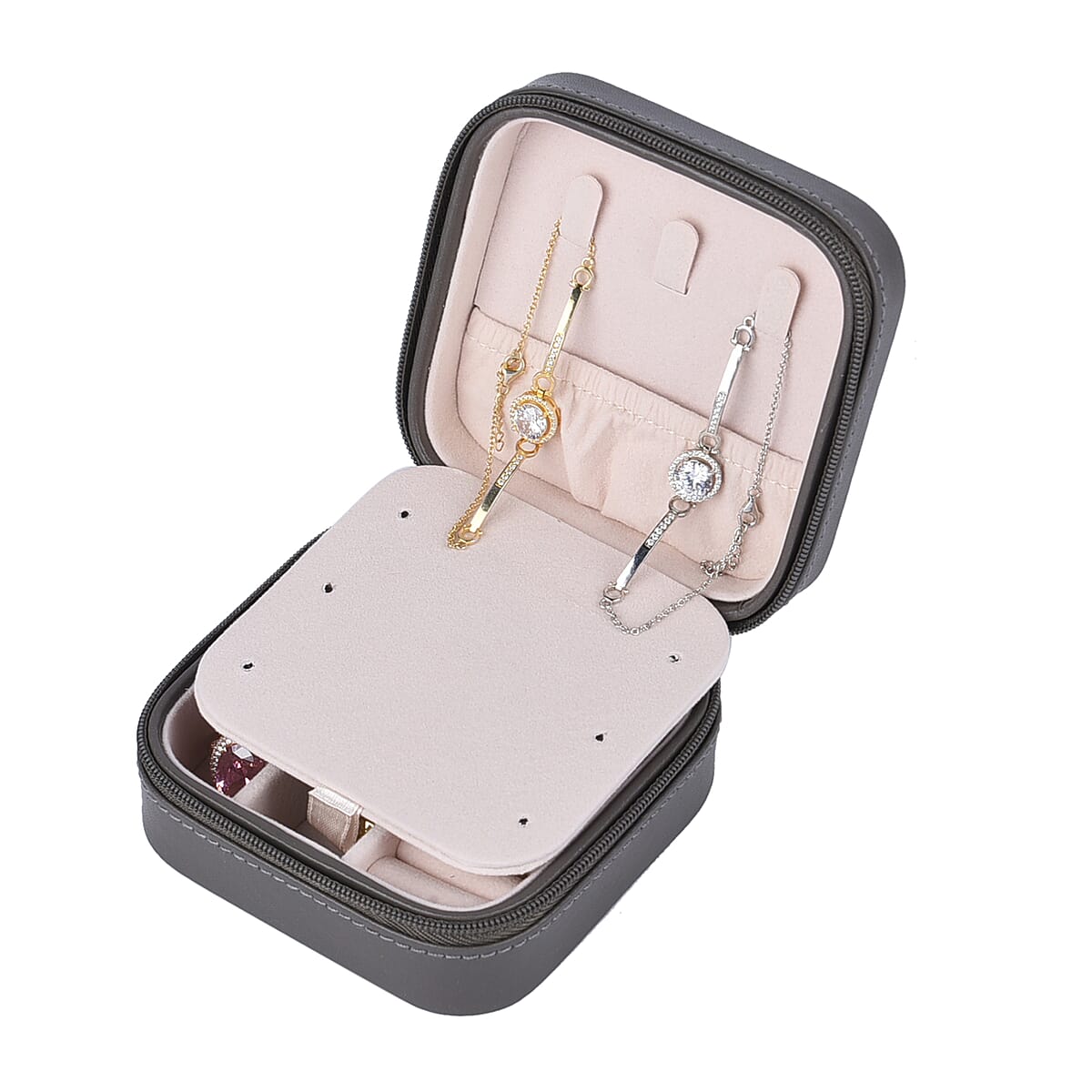 Grey Faux Leather Jewelry Box with Zipper and Scratch Protection Interior (Hold up to 6 Rings, Earrings) image number 5