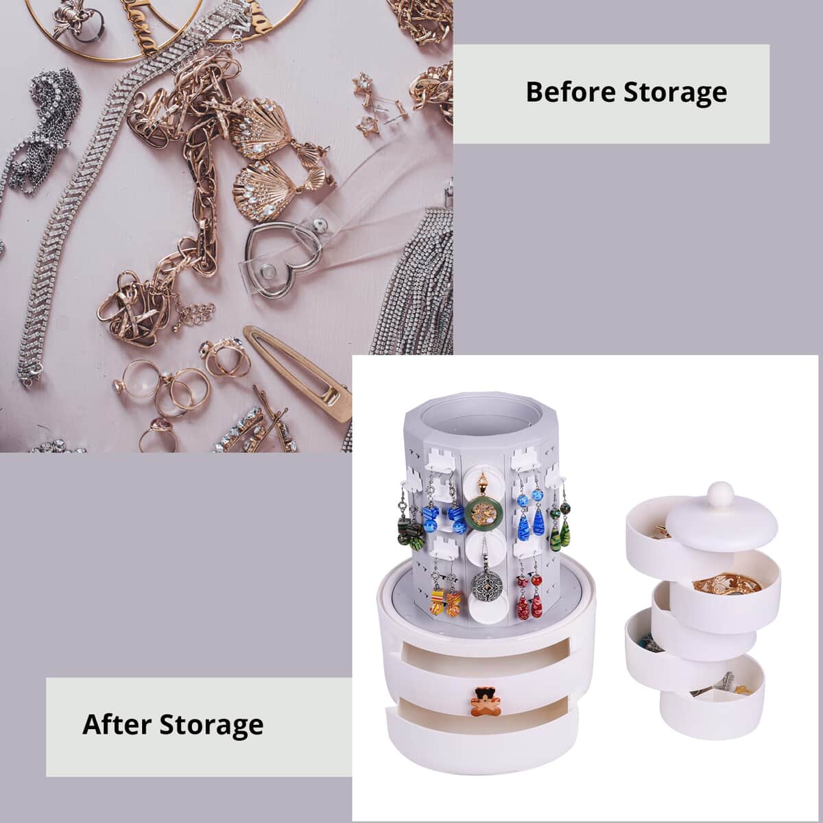 White Rotatable Swivel 5-layer Jewelry Organizer with Dustproof Cover image number 2