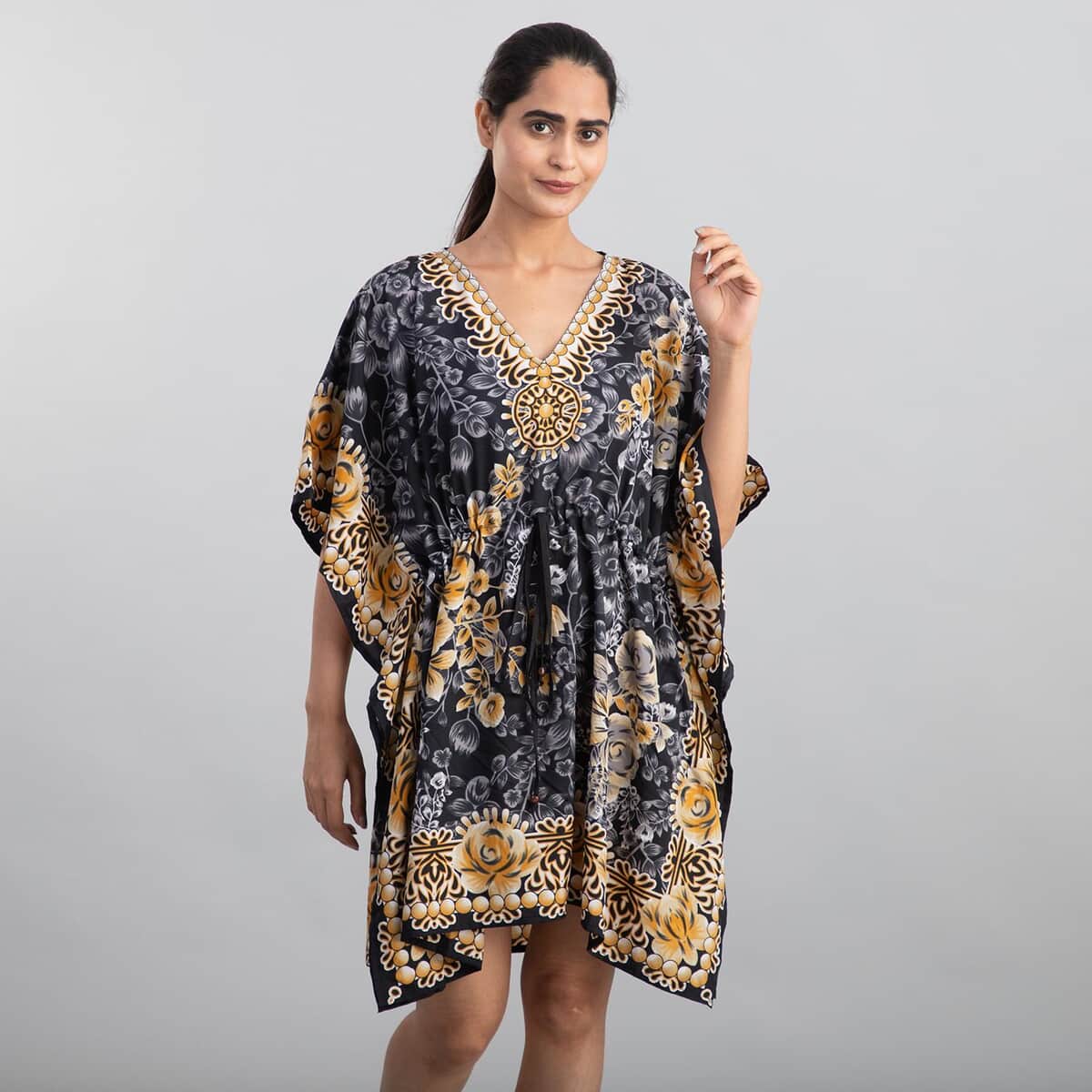 TAMSY Gray Floral Print 100% Polyester V-neck Kaftan with Pockets - One Size Fits Most (36"x41") image number 0