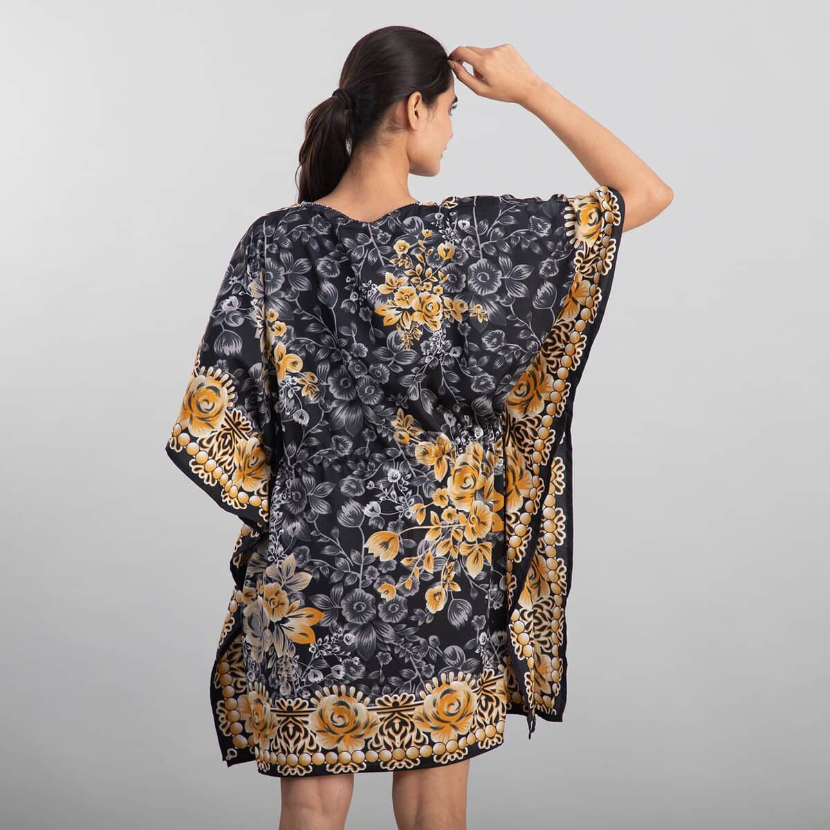 TAMSY Gray Floral Print 100% Polyester V-neck Kaftan with Pockets - One Size Fits Most (36"x41") image number 1