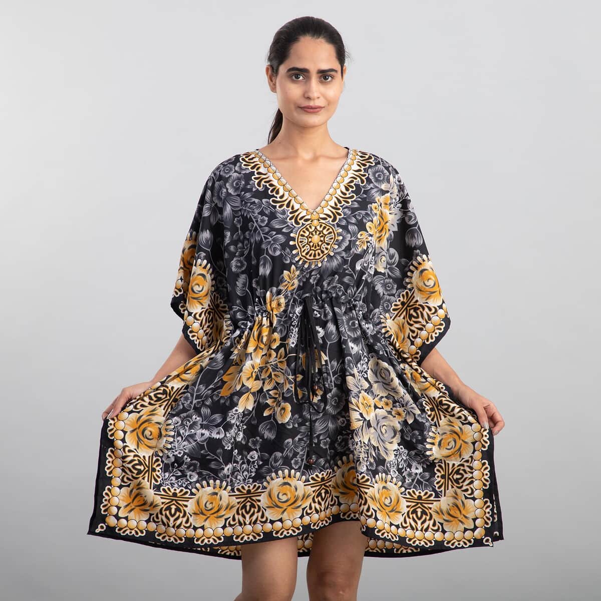 TAMSY Gray Floral Print 100% Polyester V-neck Kaftan with Pockets - One Size Fits Most (36"x41") image number 2