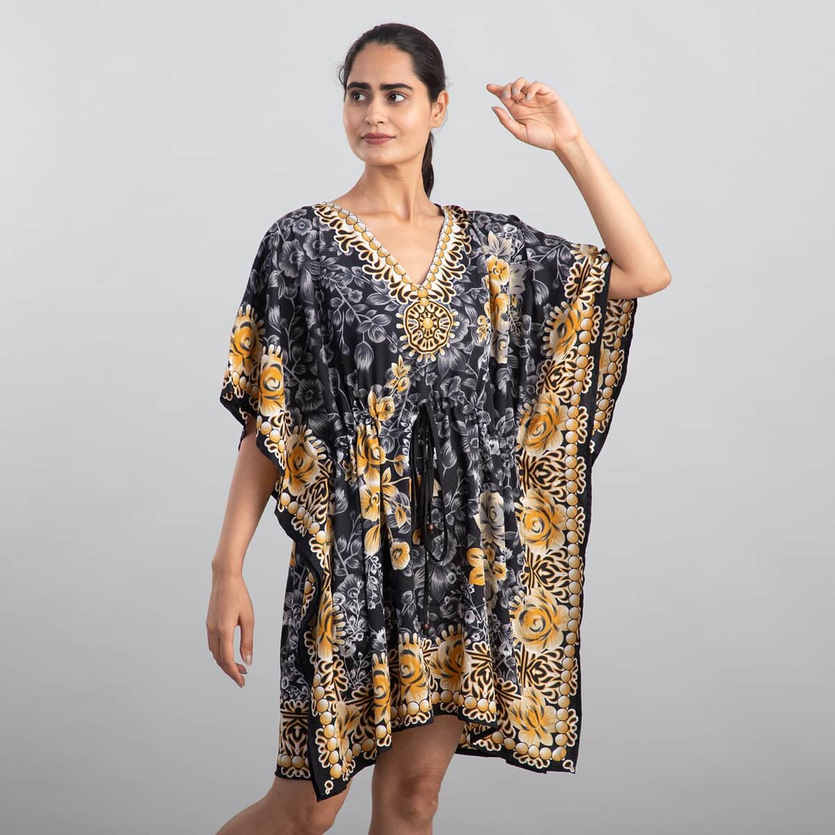 TAMSY Gray Floral Print 100% Polyester V-neck Kaftan with Pockets - One Size Fits Most (36"x41") image number 3