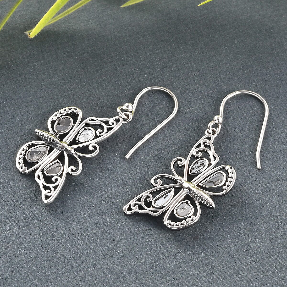 Artisan Crafted Polki Diamond Butterfly Earrings in Sterling Silver 0.80 ctw image number 1