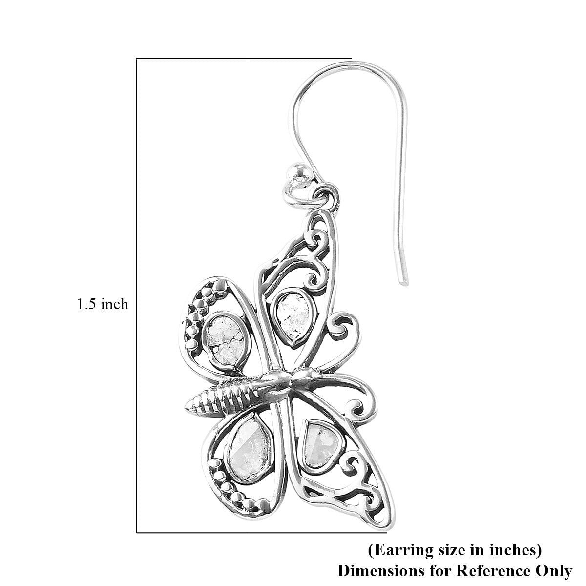 Artisan Crafted Polki Diamond Butterfly Earrings in Sterling Silver 0.80 ctw image number 5