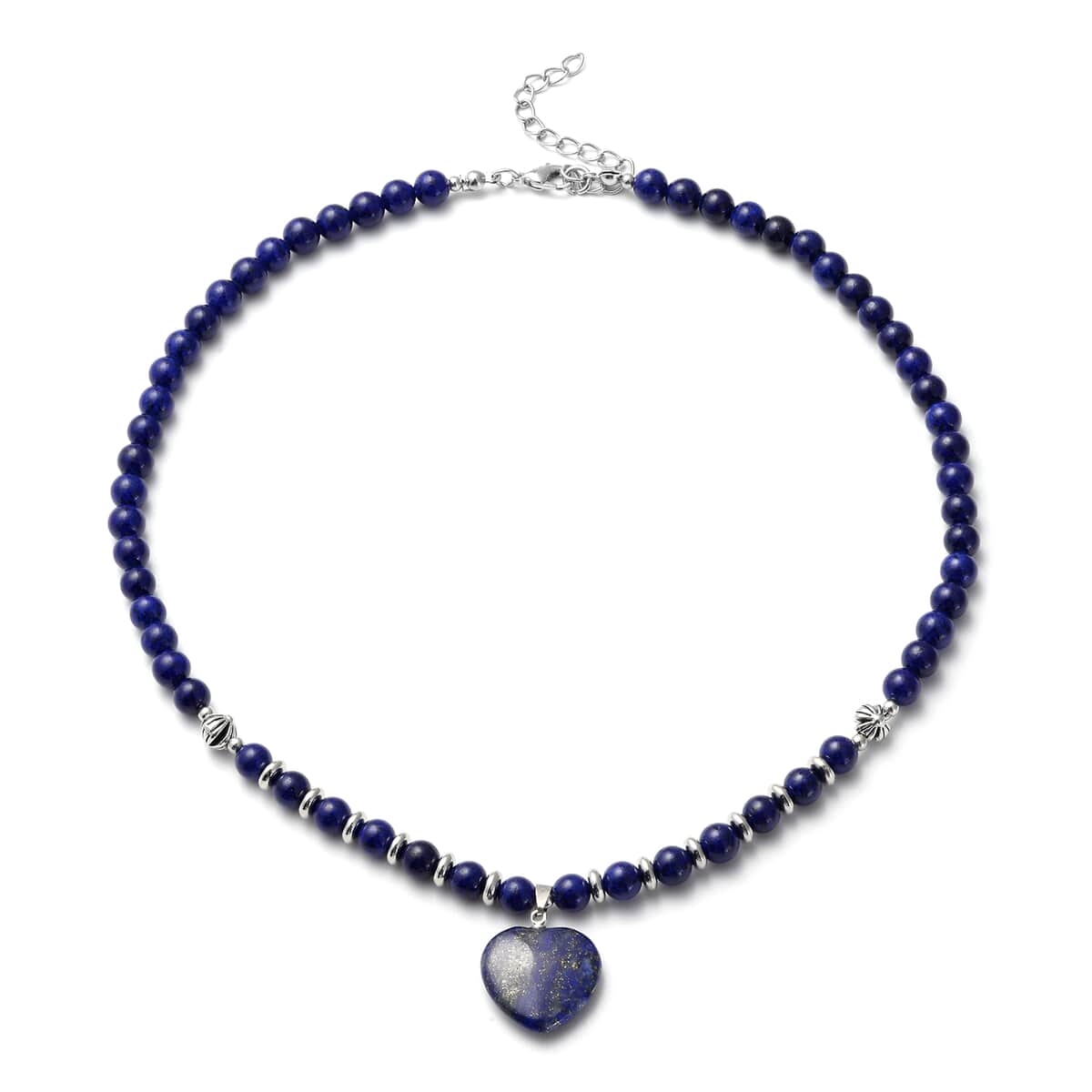 Lapis Lazuli Heart Pendant with Beaded Necklace 18-20 Inches in Silvertone 113.00 ctw image number 0