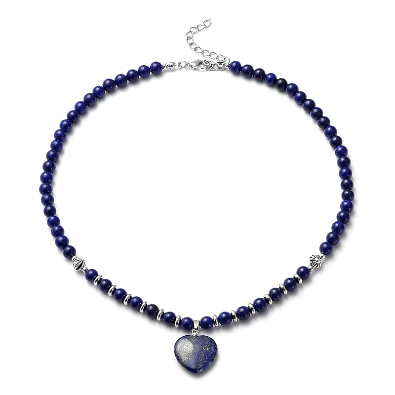 Lapis Lazuli Heart Pendant with Beaded Necklace 18-20 Inches in Silvertone 113.00 ctw