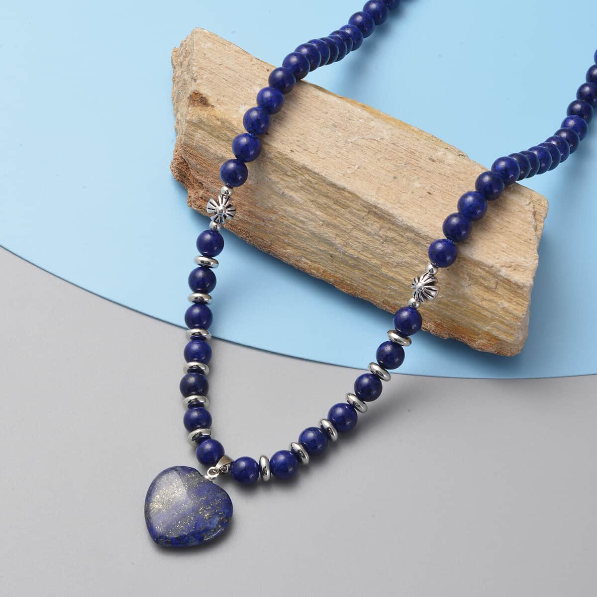 Lapis Lazuli Heart Pendant with Beaded Necklace 18-20 Inches in Silvertone 113.00 ctw image number 1