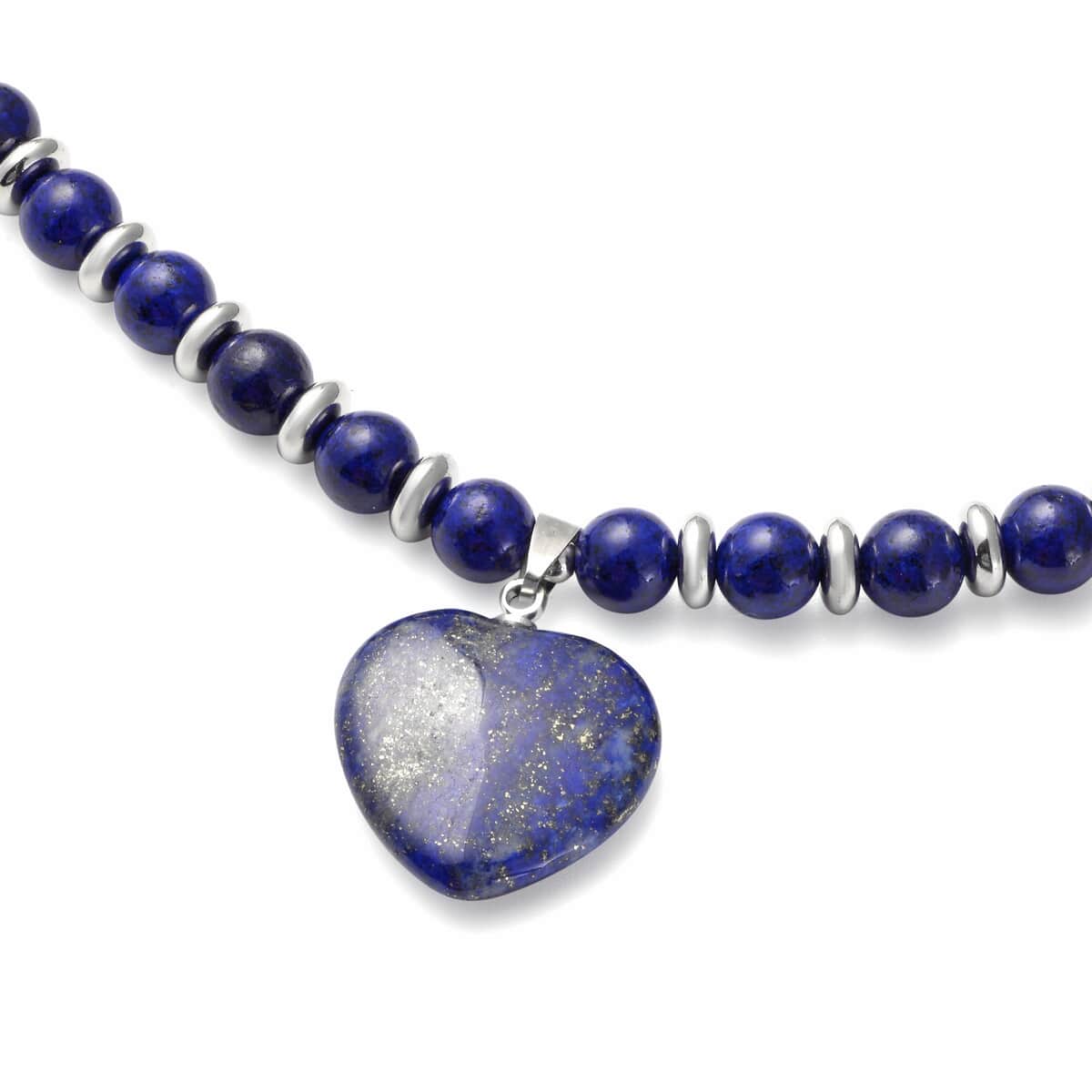 Lapis Lazuli Heart Pendant with Beaded Necklace 18-20 Inches in Silvertone 113.00 ctw image number 2