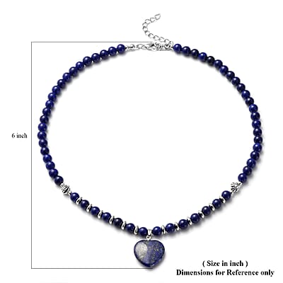 Lapis Lazuli Heart Pendant with Beaded Necklace 18-20 Inches in Silvertone 113.00 ctw