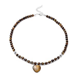 Yellow Tiger's Eye Heart Pendant with Beaded Necklace 18-20 Inches in Silvertone 120.00 ctw