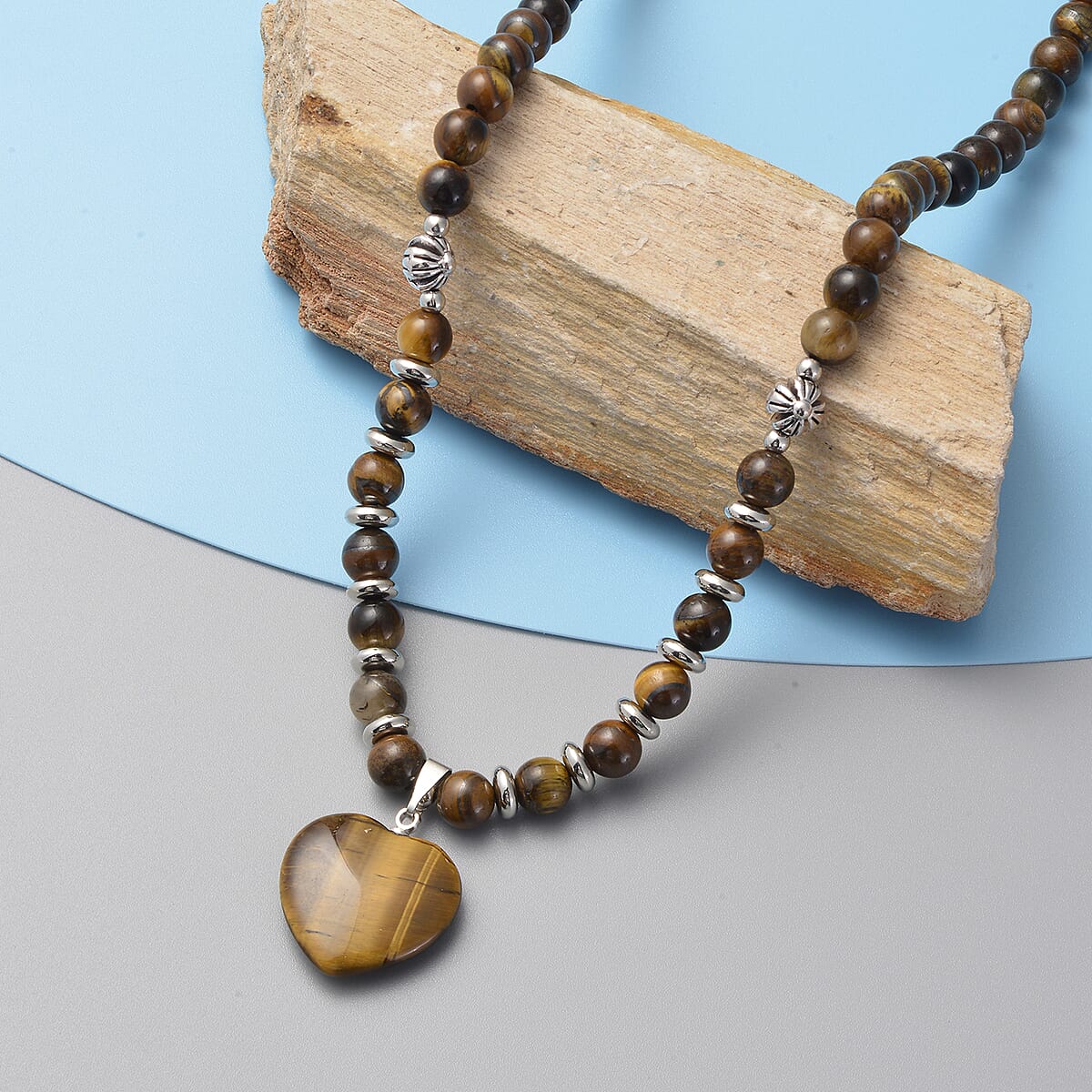 Yellow Tiger's Eye Heart Pendant with Beaded Necklace 18-20 Inches in Silvertone 120.00 ctw image number 1