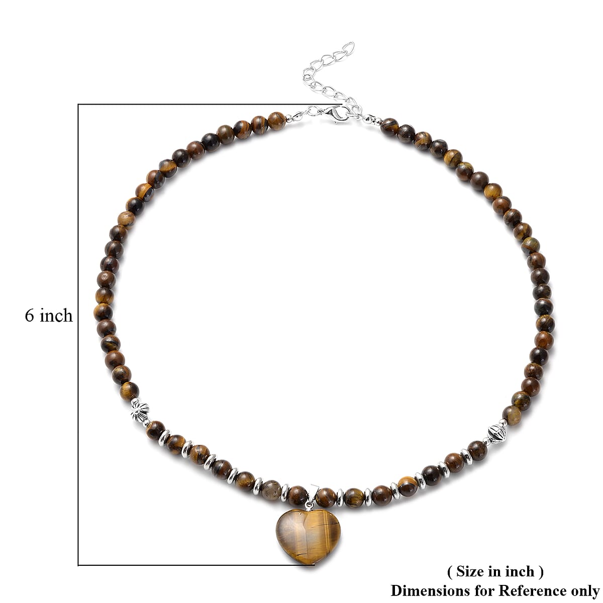 Yellow Tiger's Eye Heart Pendant with Beaded Necklace 18-20 Inches in Silvertone 120.00 ctw image number 4