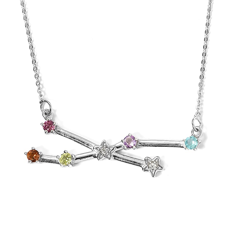 Multi Gemstone Taurus Constellation Stars Necklace 20 Inches in Platinum Over Sterling Silver 0.50 ctw
