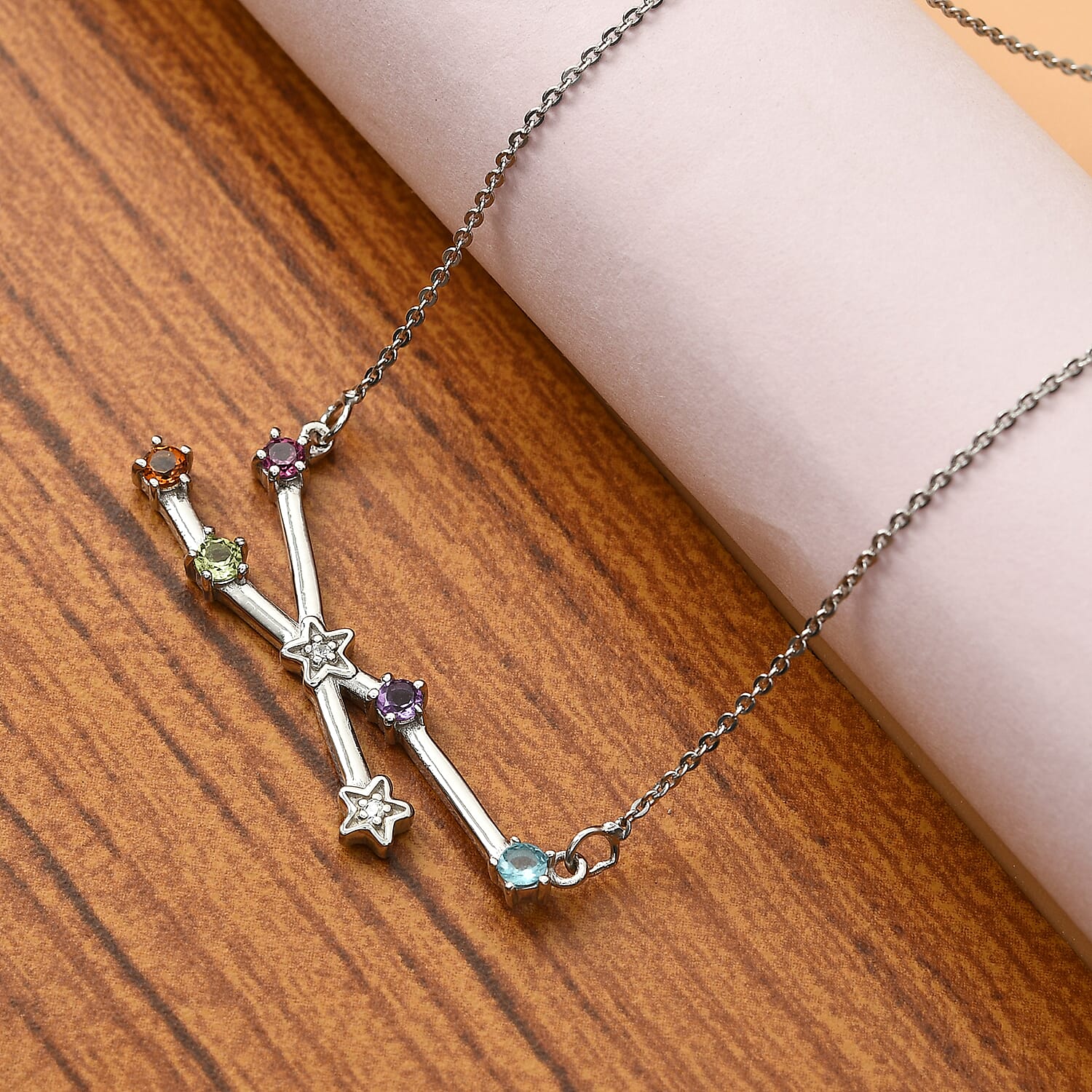 Multi Gemstone Taurus Constellation Stars Necklace 20 Inches in Platinum Over Sterling Silver 0.50 ctw