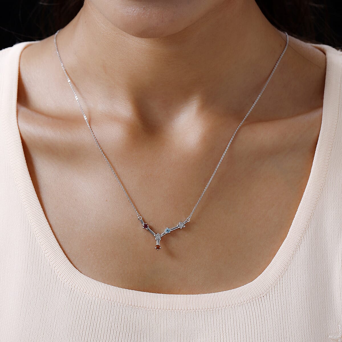 Multi Gemstone Cancer Constellation Stars Necklace 20 Inches in Platinum Over Sterling Silver 0.35 ctw image number 2