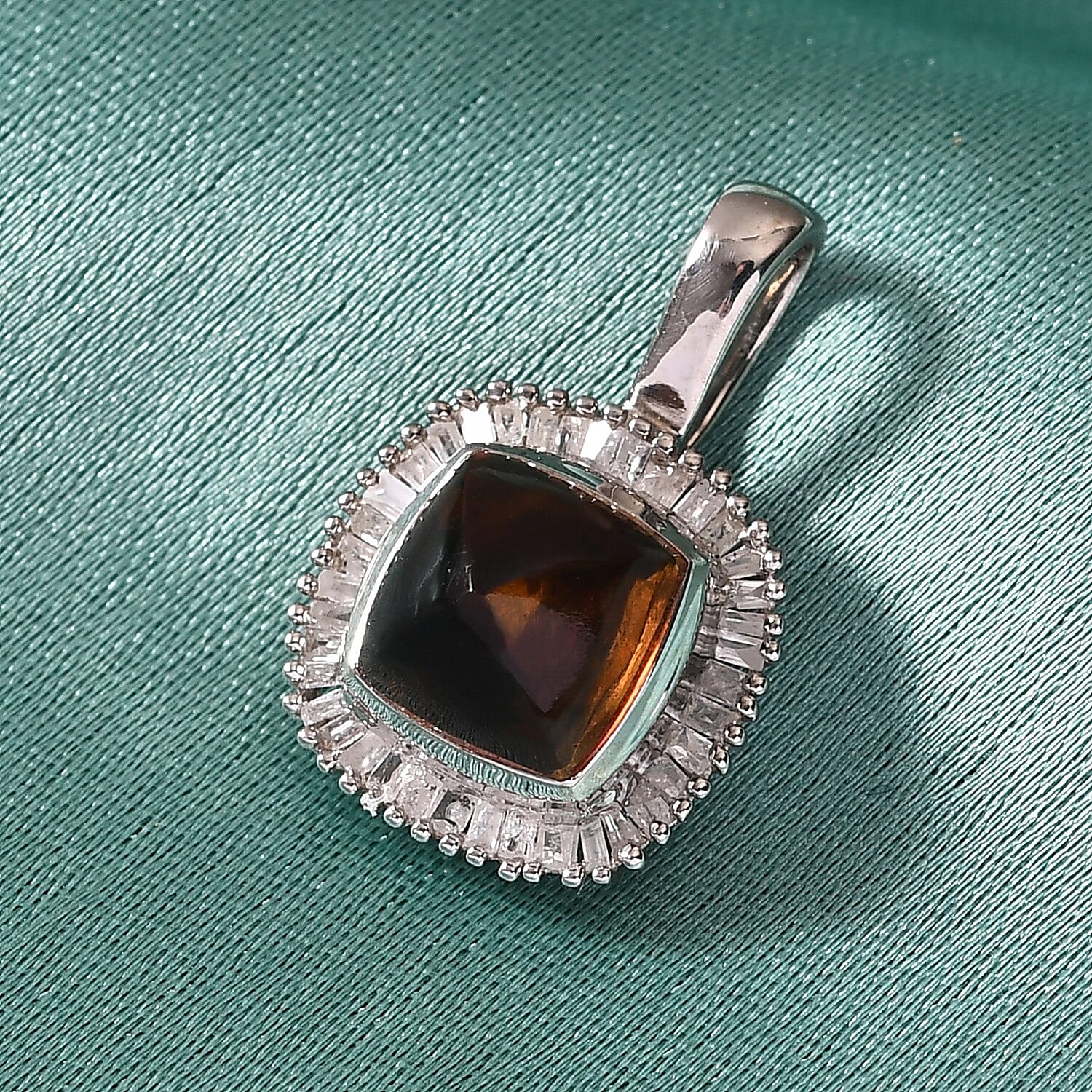 Brazilian Cherry Citrine and Diamond Halo Pendant in Platinum Over Sterling Silver 2.25 ctw