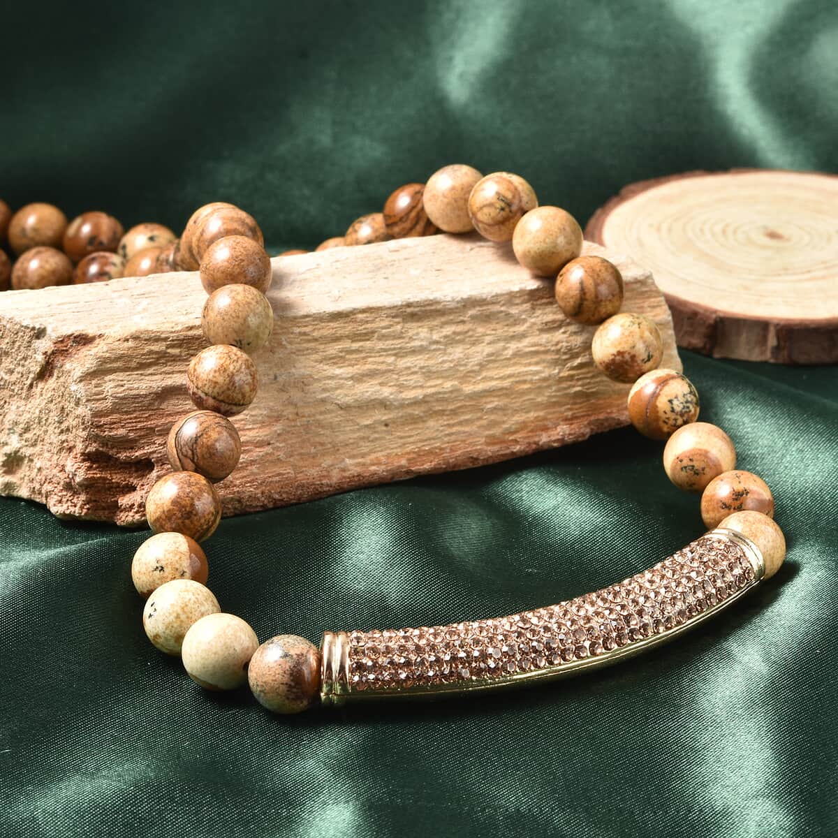 Picture Jasper and Champagne Crystal Beaded Necklace with Charm 21 Inches in Goldtone 265.00 ctw image number 1