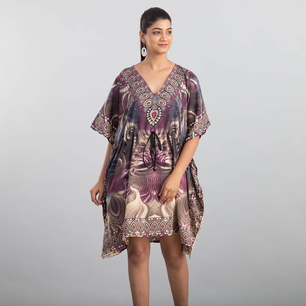 Tamsy Multi Color Fantasy Print V-neck Kaftan with Pockets - One Size Fits Most image number 0