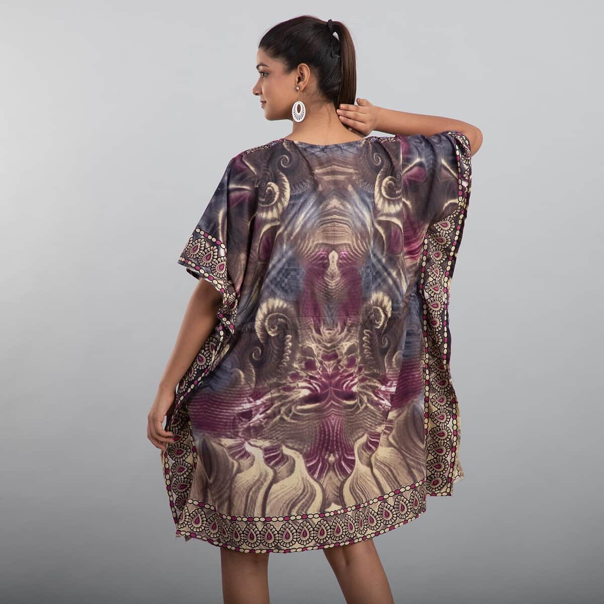 Tamsy Multi Color Fantasy Print V-neck Kaftan with Pockets - One Size Fits Most image number 1