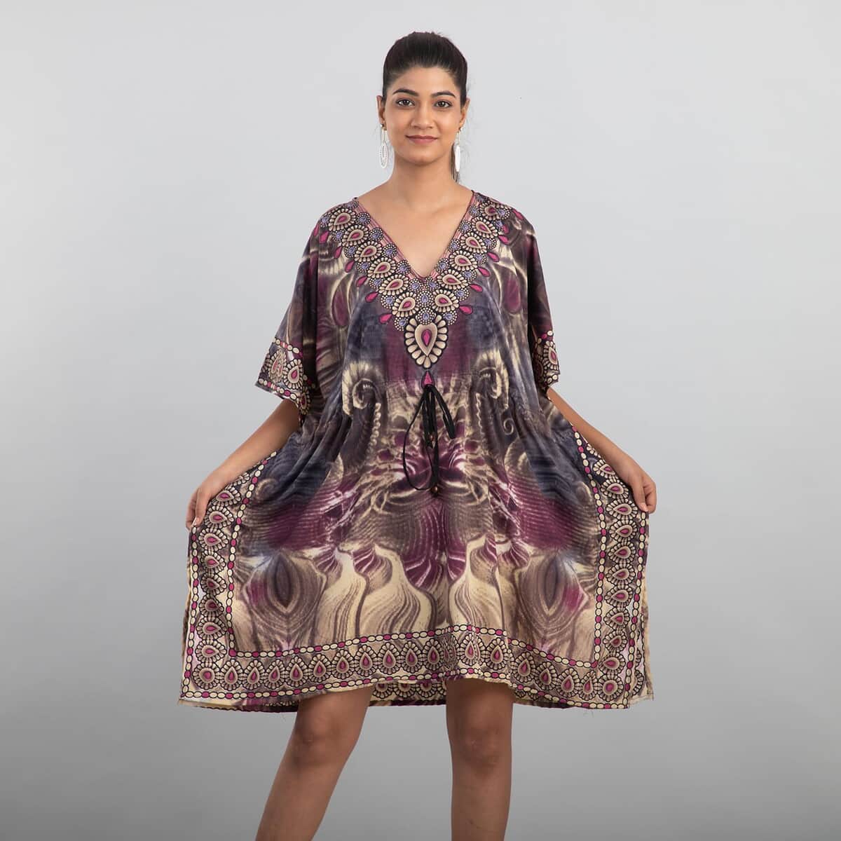 Tamsy Multi Color Fantasy Print V-neck Kaftan with Pockets - One Size Fits Most image number 2