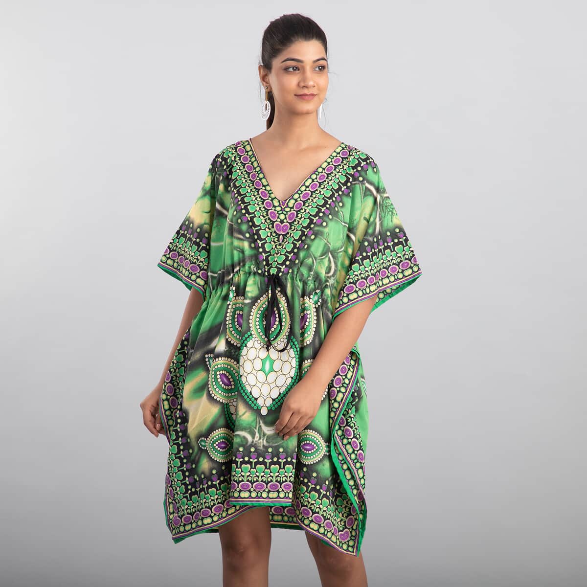 TAMSY Green Bohemian Print 100% Polyester V-neck Kaftan with Pockets - One Size Fits Most (36"x41") image number 0