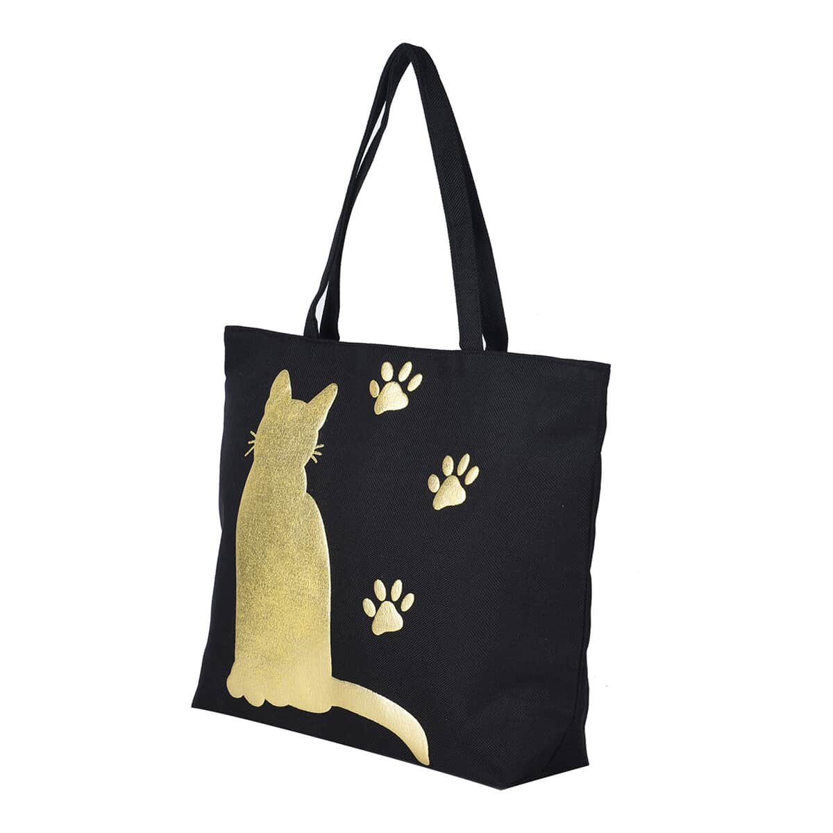 Blue with Cat Gold Blocking Pattern Linen Tote Bag (20.75"x5"x15") with 13" Handle Drop image number 4