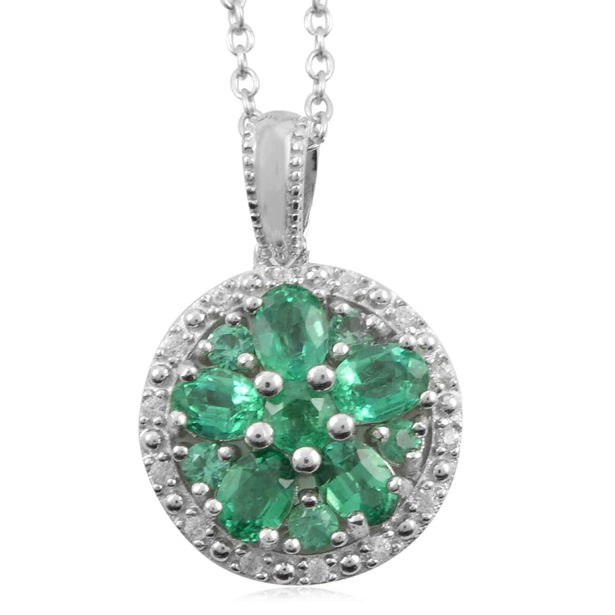 AAA Kagem Emerald and White Zircon Circle Flower Pendant Necklace 18 Inches in Rhodium Over Sterling Silver 1.25 ctw image number 0