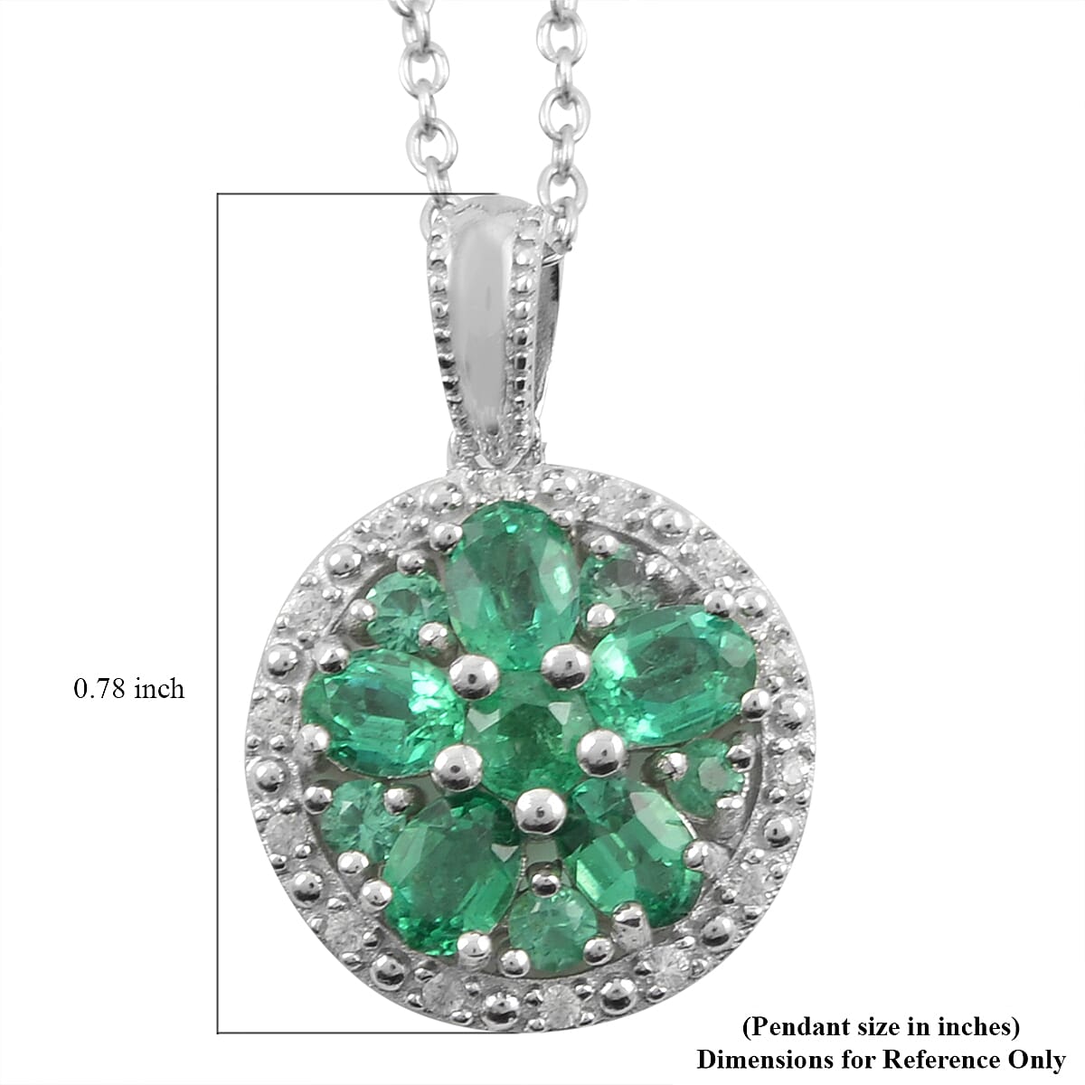 AAA Kagem Emerald and White Zircon Circle Flower Pendant Necklace 18 Inches in Rhodium Over Sterling Silver 1.25 ctw