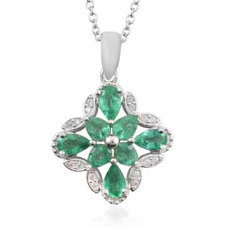 AAA Kagem Emerald and White Zircon Pendant Necklace 18-20 Inches in Rhodium Over Sterling Silver 1.50 ctw image number 0
