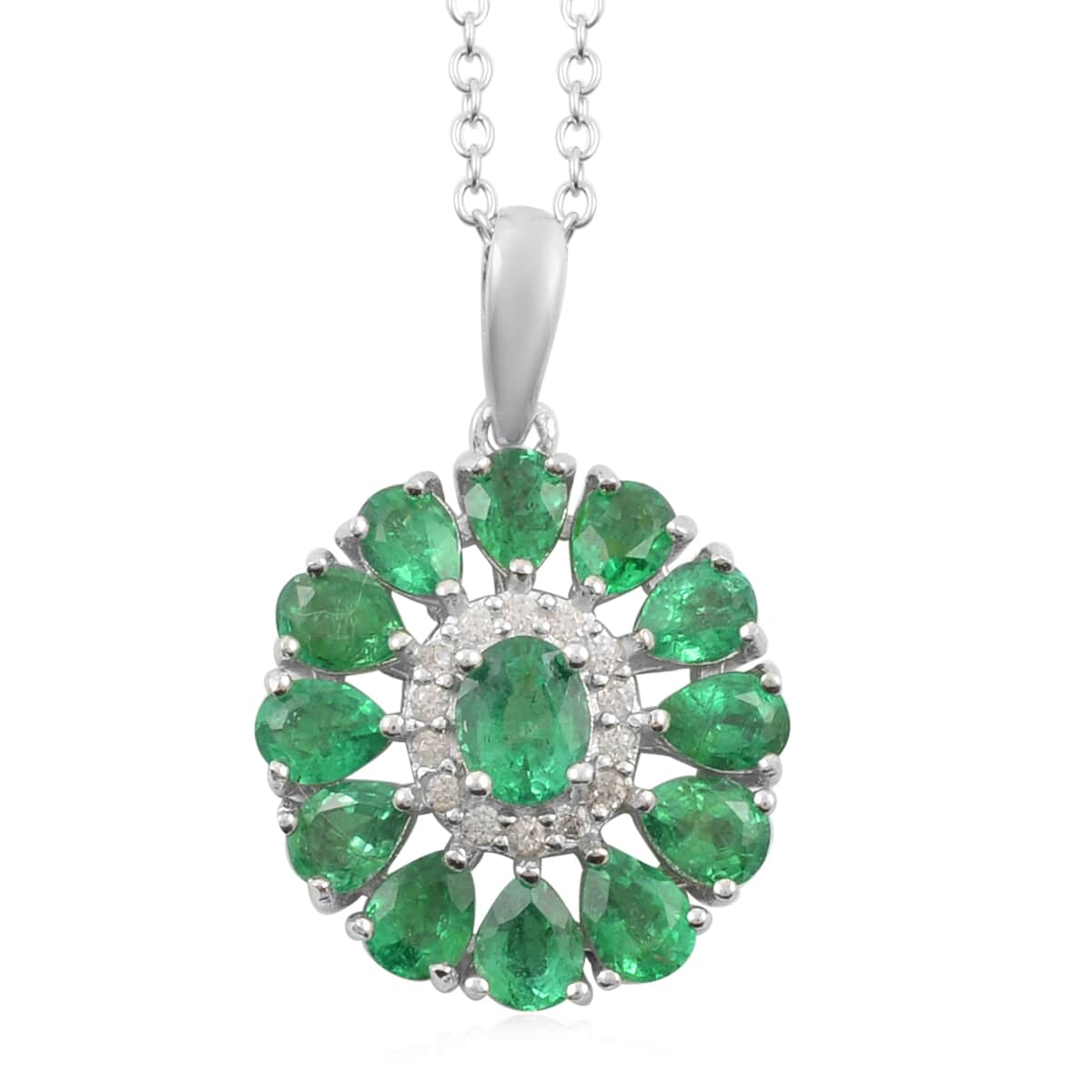 AAA Kagem Emerald and White Zircon Floral Pendant Necklace 18 Inches in Rhodium Over Sterling Silver 2.10 ctw image number 0