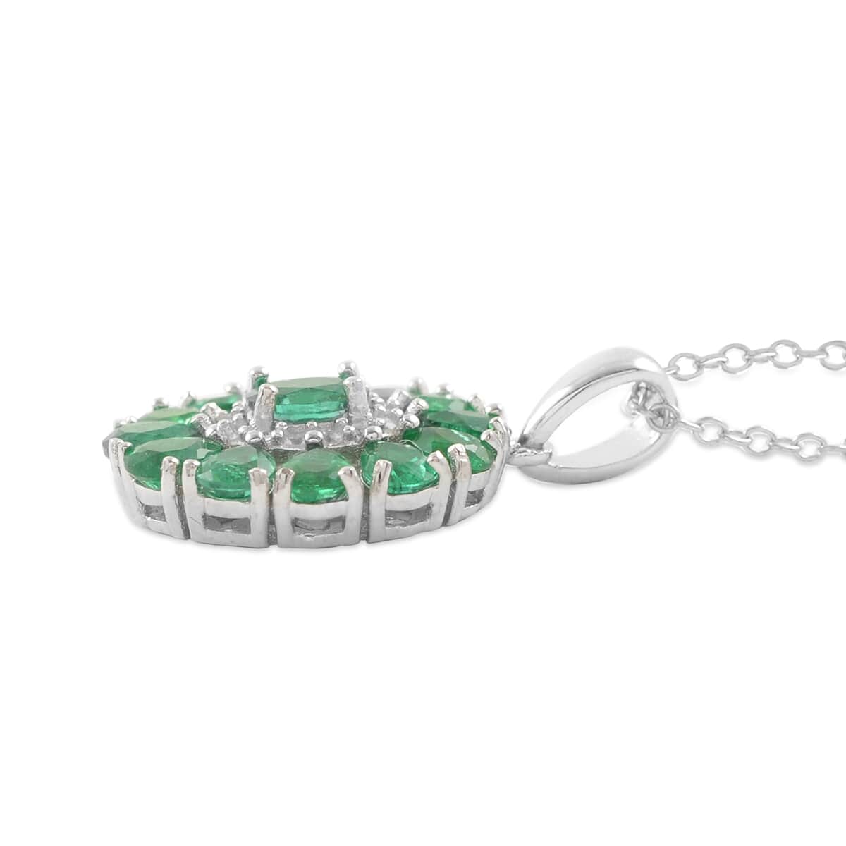 AAA Kagem Emerald and White Zircon Floral Pendant Necklace 18 Inches in Rhodium Over Sterling Silver 2.10 ctw image number 2