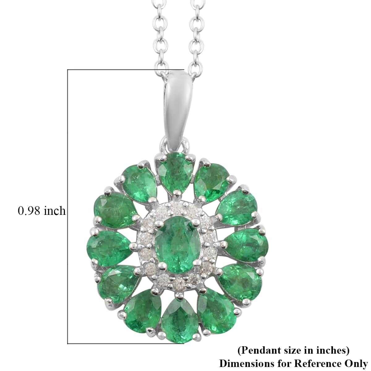 AAA Kagem Emerald and White Zircon Floral Pendant Necklace 18 Inches in Rhodium Over Sterling Silver 2.10 ctw image number 4