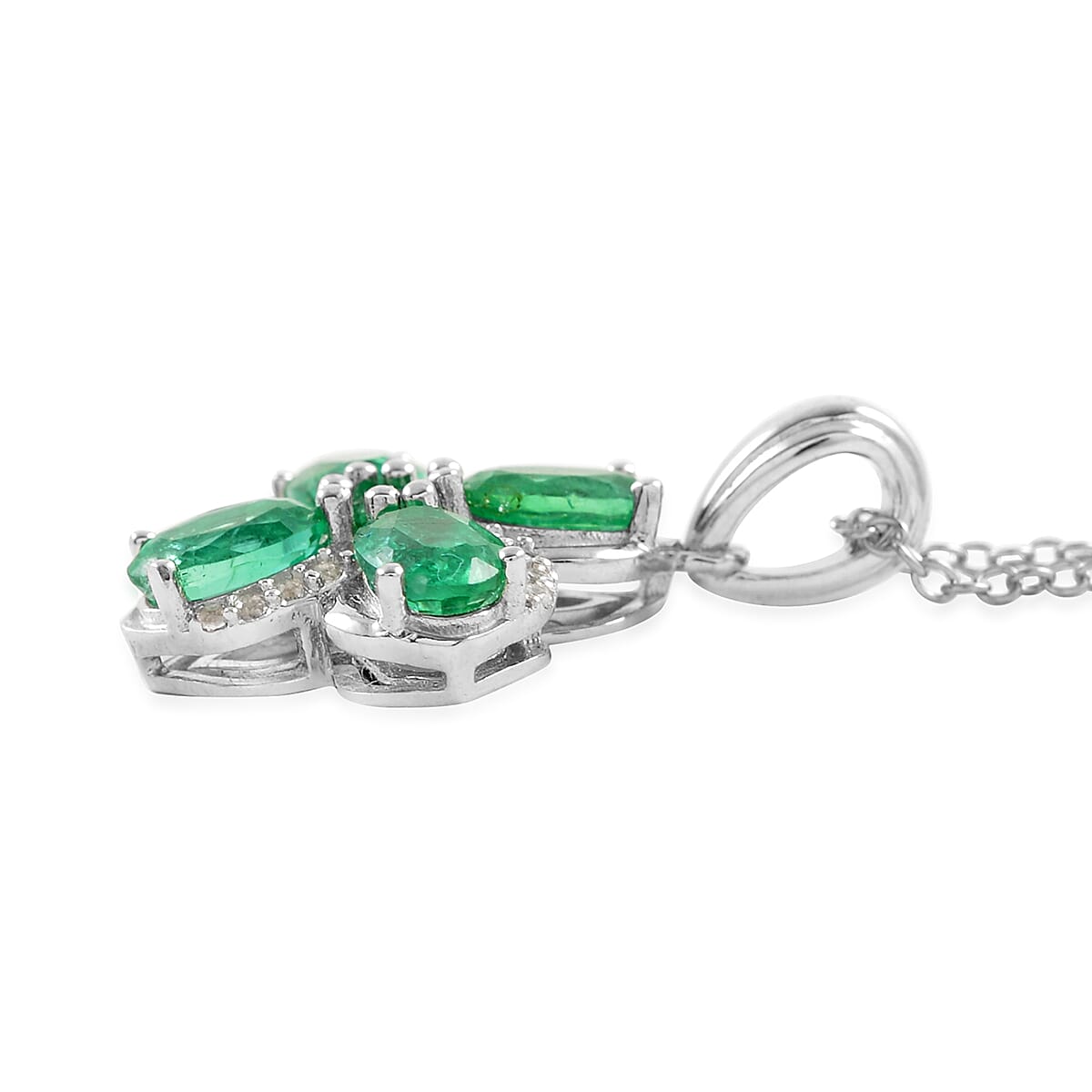 AAA Kagem Emerald, White Zircon Four Leaf Clover Pendant Necklace (18 Inches) in Rhodium Over Sterling Silver 2.00 ctw image number 2