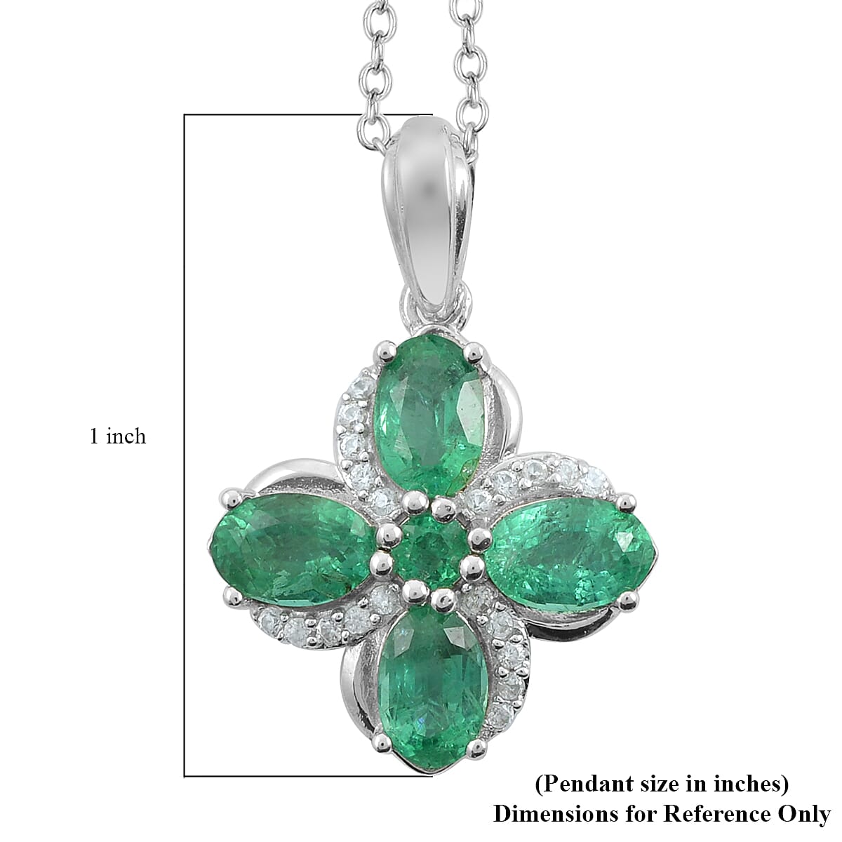 AAA Kagem Emerald, White Zircon Four Leaf Clover Pendant Necklace (18 Inches) in Rhodium Over Sterling Silver 2.00 ctw image number 4