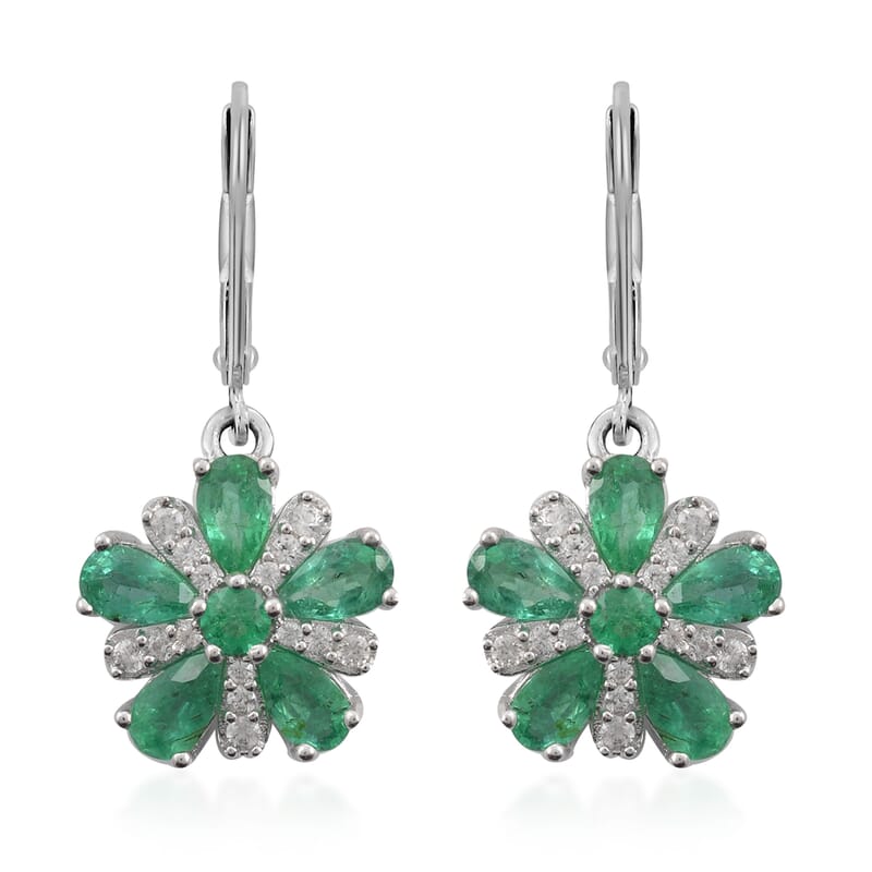 AAA Kagem Emerald and White Zircon Flower Dangle Earring in Rhodium Over Sterling Silver 2.50 ctw