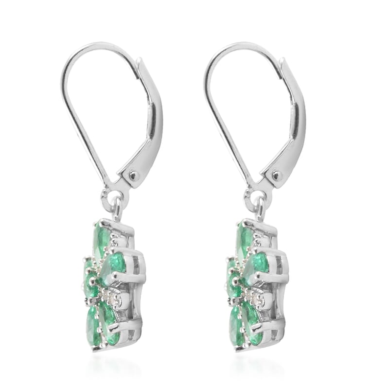 AAA Kagem Emerald and White Zircon Flower Dangle Earring in Rhodium Over Sterling Silver 2.50 ctw