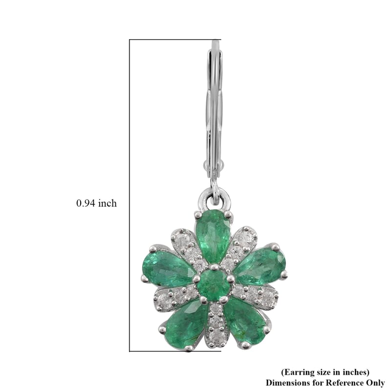 AAA Kagem Emerald and White Zircon Flower Dangle Earring in Rhodium Over Sterling Silver 2.50 ctw