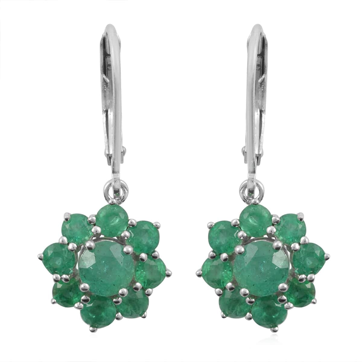 AAA Kagem Emerald Floral Lever Back Earrings in Rhodium Over Sterling Silver 2.70 ctw image number 0
