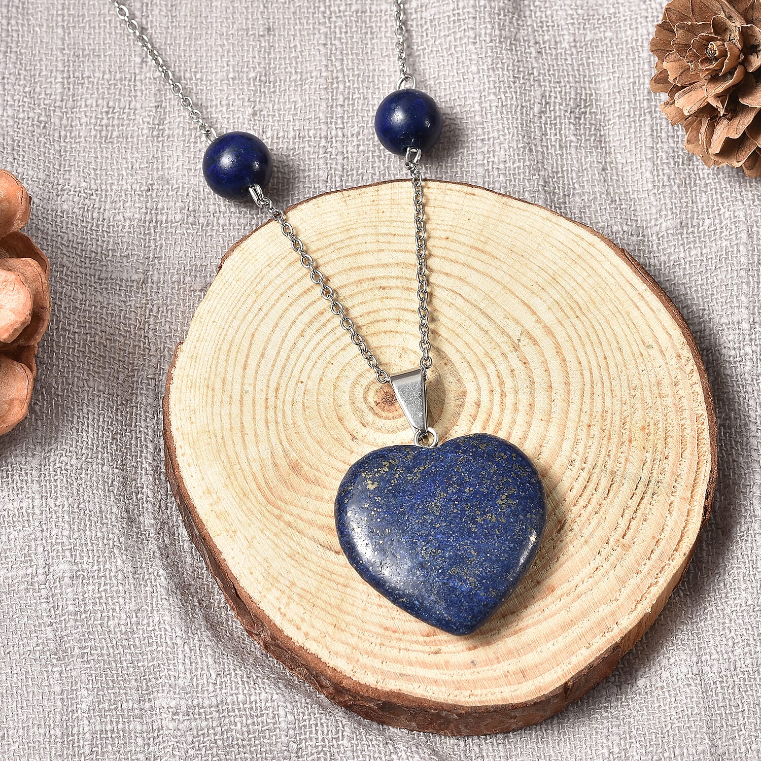 Lapis Lazuli Heart Charm Station Necklace 22 Inches in Stainless Steel 65.00 ctw