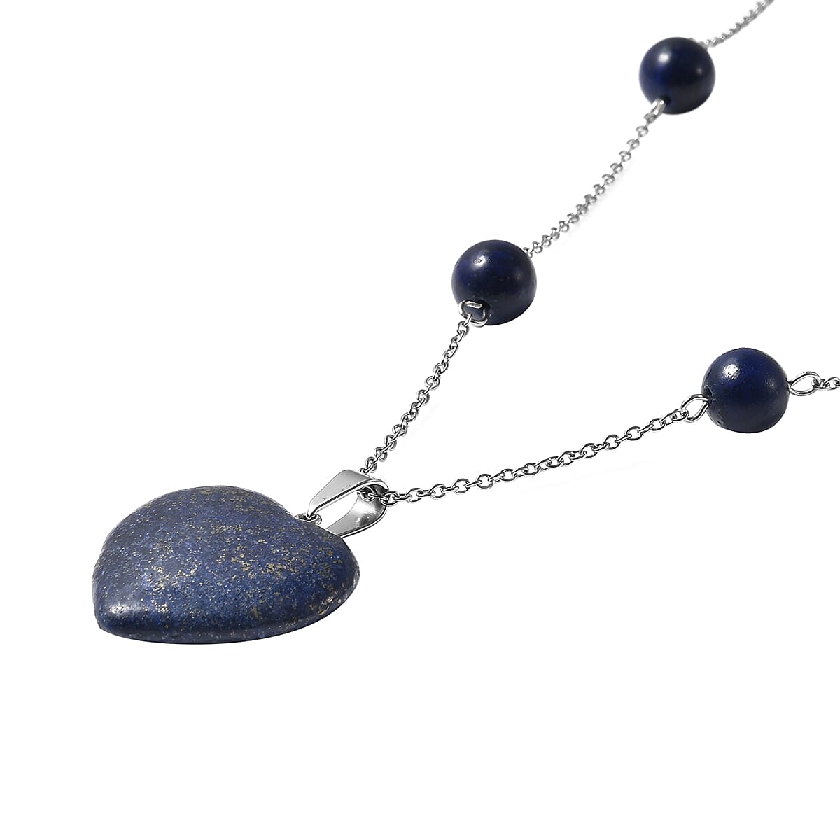 Lapis Lazuli Heart Charm Station Necklace 22 Inches in Stainless Steel 65.00 ctw