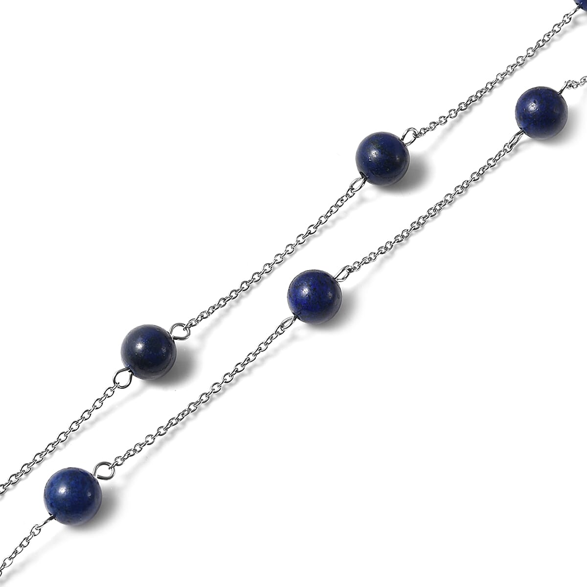 Lapis Lazuli Heart Charm Station Necklace 22 Inches in Stainless Steel 65.00 ctw