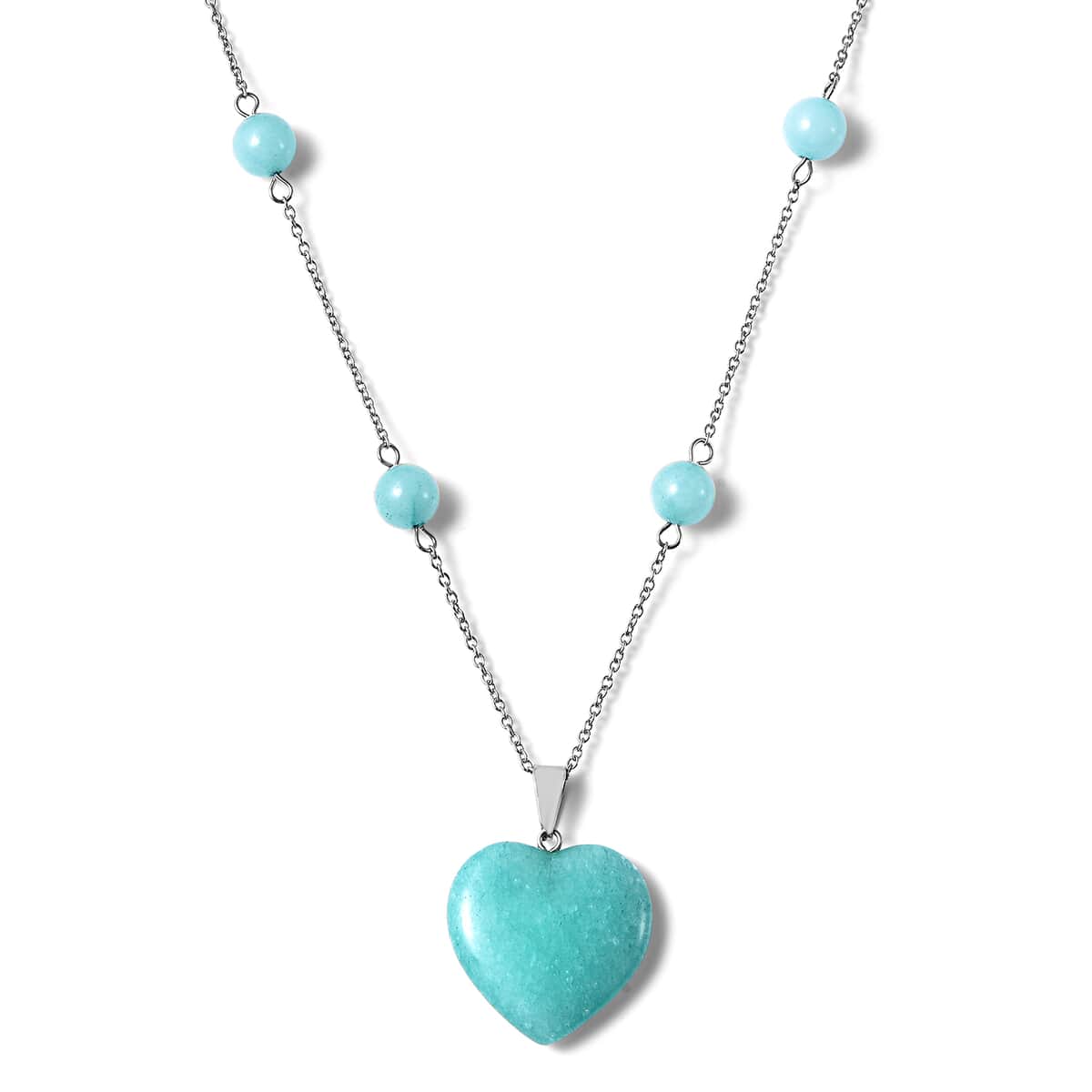 Amazonite Heart Charm Station Necklace 22 Inches in Stainless Steel 58.00 ctw image number 0