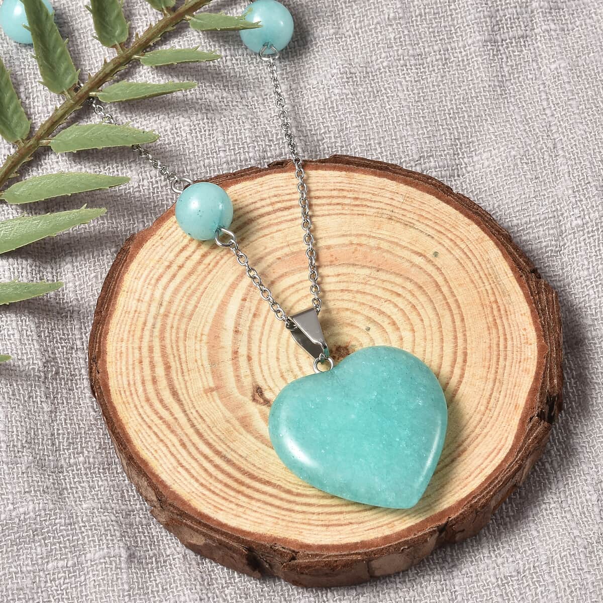 Amazonite Heart Charm Station Necklace 22 Inches in Stainless Steel 58.00 ctw image number 1