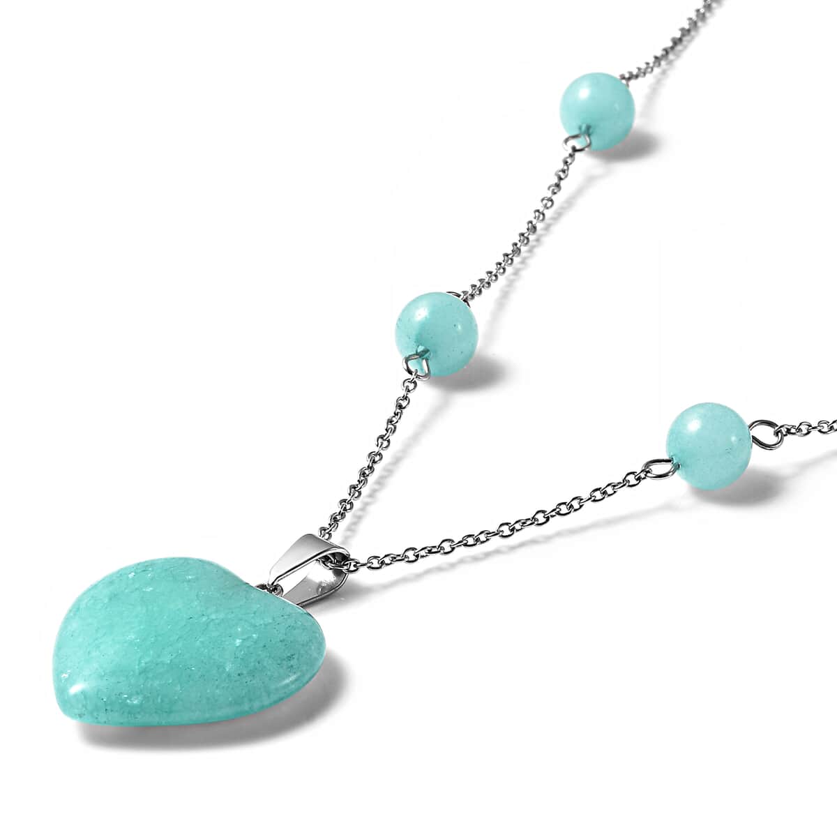 Amazonite Heart Charm Station Necklace 22 Inches in Stainless Steel 58.00 ctw image number 2