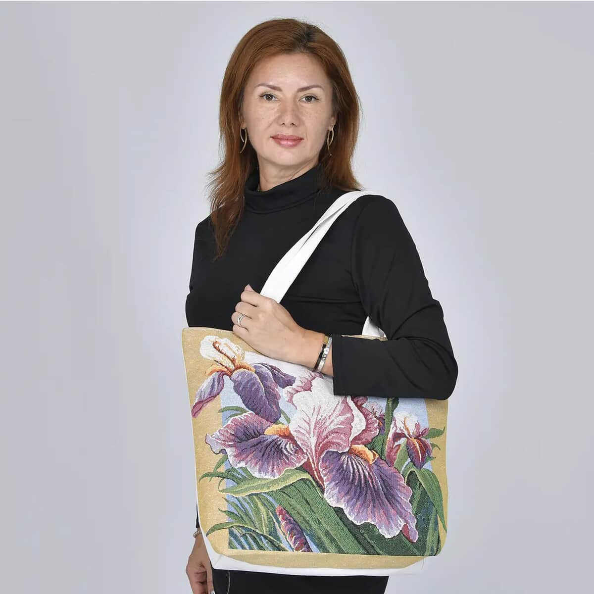 Khaki Flower Jacquard Pattern Tote Bag | Women's Jute Tote Bag | Women's Work Tote Hand Bag | Ladies Purse image number 1