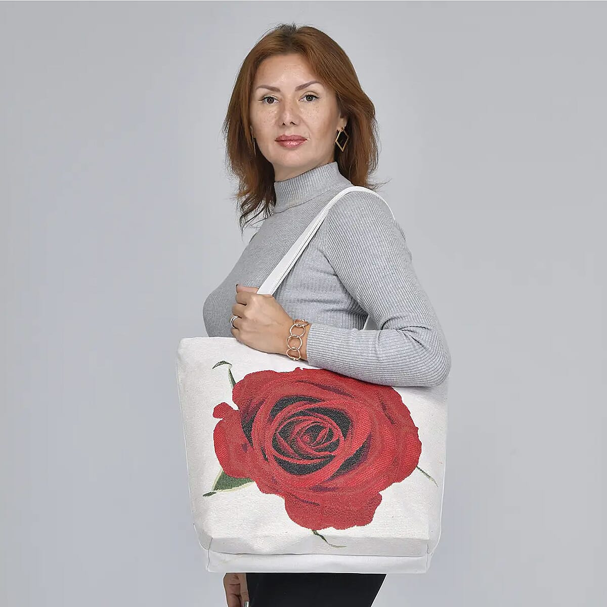 Beige Rose Jacquard Pattern Tote Bag | Women's Jute Tote Bag | Women's Work Tote Hand Bag | Ladies Purse image number 1