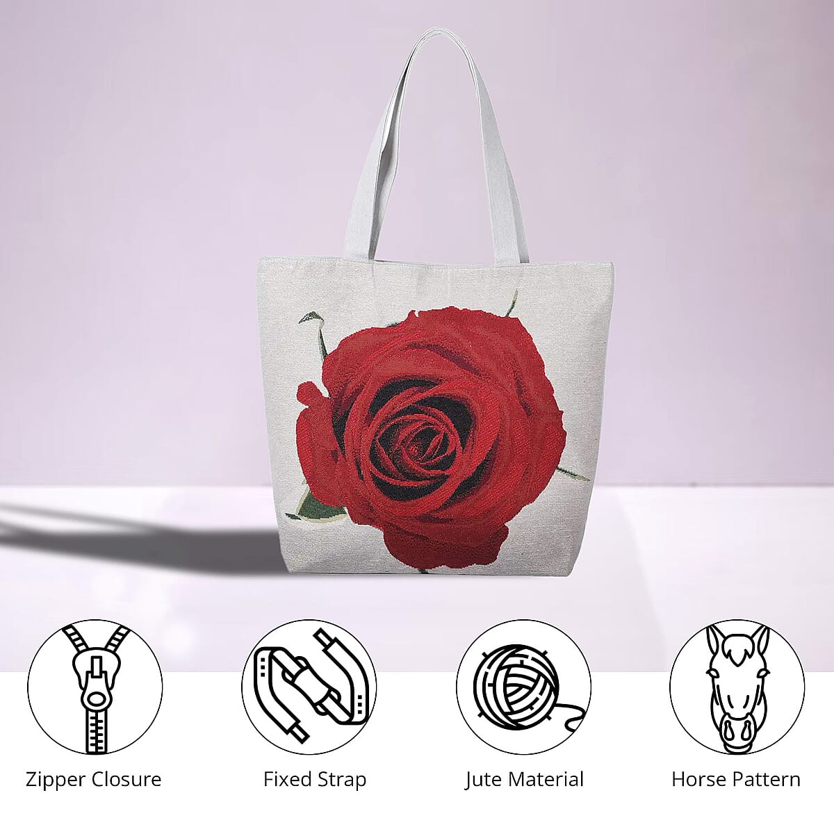 Beige Rose Jacquard Pattern Tote Bag | Women's Jute Tote Bag | Women's Work Tote Hand Bag | Ladies Purse image number 3